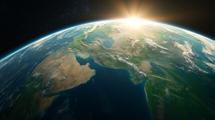 Obraz premium the earth from space with the sun shining brightly over it, illuminating the dark background with stars twinkling in the night sky