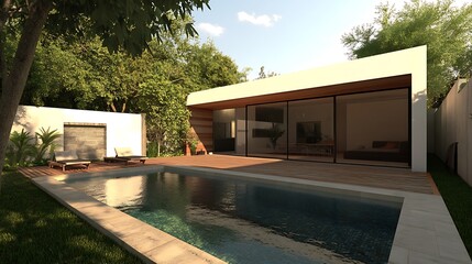 A minimalist house design with clean lines, flat roofs, and a pool in the backyard