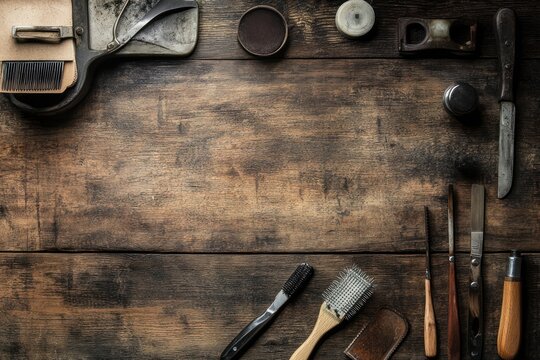Vintage shoe repair tools on wooden table.
