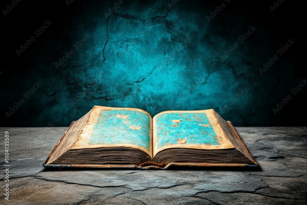 Poster a simple flat design of an old book lying open, its pages filled with colorful doodles and faded ill