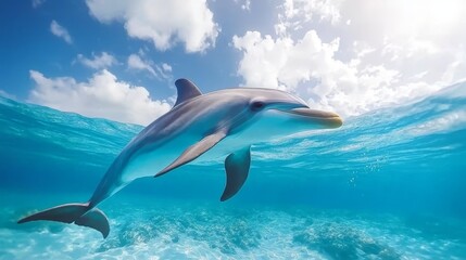 Fototapeta premium a dolphin swimming in the ocean with its mouth open, surrounded by a beautiful blue sky with white fluffy clouds The image is animated, giving the impression of mo