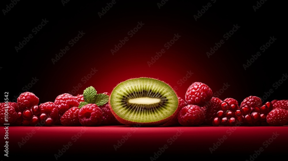 Wall mural a kiwi and raspberries on a red background, creating a vibrant and colorful display the resolution o