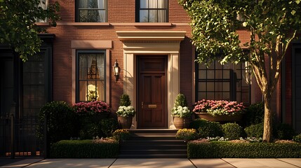 A classic townhouse with a brick facade, flower boxes on the windows, and a welcoming front door