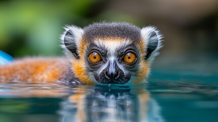 Obraz premium a ring-tailed lemur swimming in the water with its head above the surface, its fur a mix of brown, white, black and orange The background is blurred, giving the le