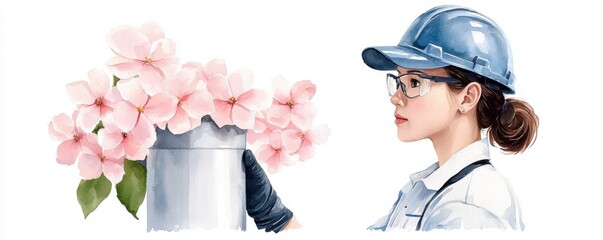 Female worker in green technology renewable energy development nature-inspired environment engaging with floral content innovative viewpoint for sustainable solutions