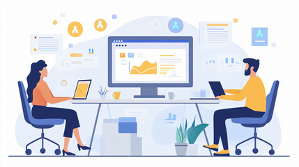 Illustration Virtual Team Leader Male and Female Business Facilitating Collaborative Workflow with Advanced Digital Tools