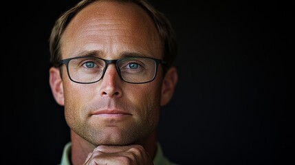 Obraz premium a man wearing glasses and a green shirt with his hand on his chin, set against a dark background