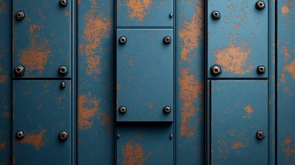 Close-up of weathered blue metal panels with rust patches and visible bolts, showing textured industrial surface detail.