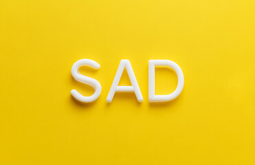 3d white letters SAD on yellow background. Concept template for seasonal affective disorder, awareness month and help for people with mental problems with copys pace