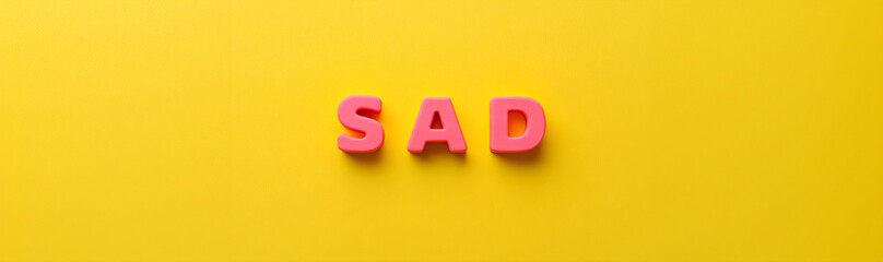 3d pink letters SAD on yellow background. Concept  banner  template for seasonal affective disorder, awareness month and help for people with mental problems with copys pace