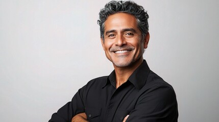 Obraz premium Confident smiling man with gray hair in a black shirt posing professionally