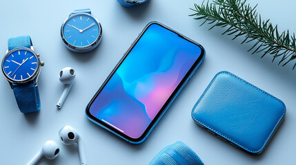 Latest smartphone sits clean white background wireless earbuds stylish watch and sleek phone case emphasizing advanced technology and elegant design.