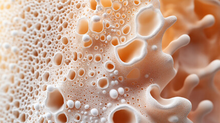Close-up of a textured organic surface resembling a sponge or coral with intricate patterns and bubbles in warm orange tones.