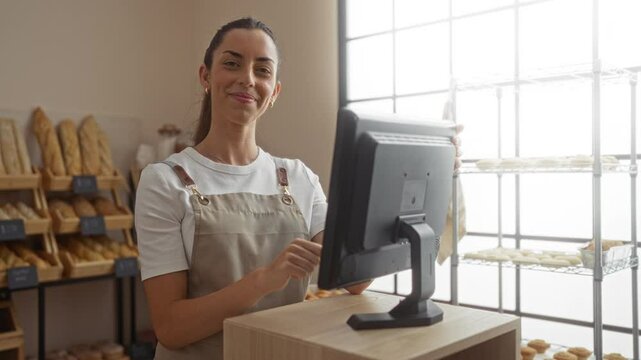 Young woman working in a bakery smiles and gives a thumbs-up while operating a cash register in a brightly lit shop interior
