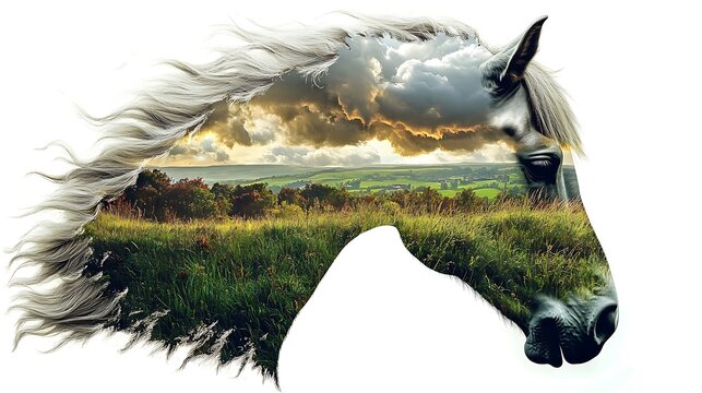 Horse Plains under a dramatic cloudy sky, its horse-head shape defined by rolling grasslands swaying in the wind, golden sunlight breaking through the clouds,