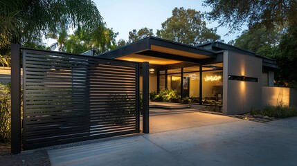 Obraz premium A modern metal fence with clean horizontal slats enclosing a minimalist home