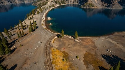 Fototapeta premium Aerial photography of the tracks at Crater Lake.