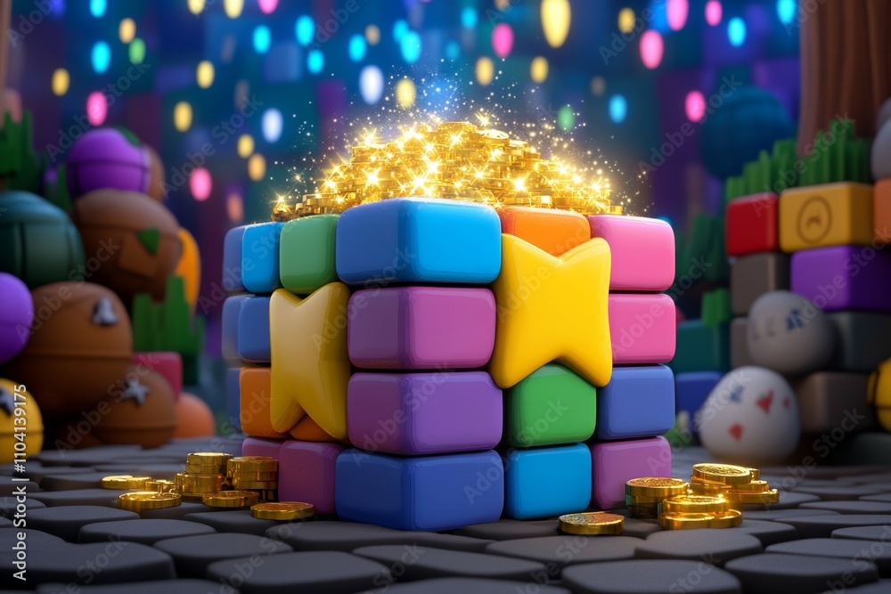 Aufkleber A vibrant pixel art box with animated sparkles around it, set on a colorful pixelated background of treasure and gold coins