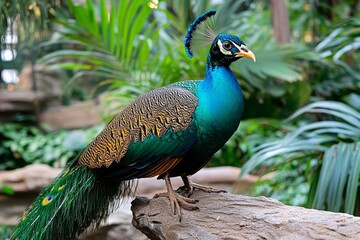 Obraz premium A vibrant peacock displaying its stunning blue and green feathers in a lush garden setting