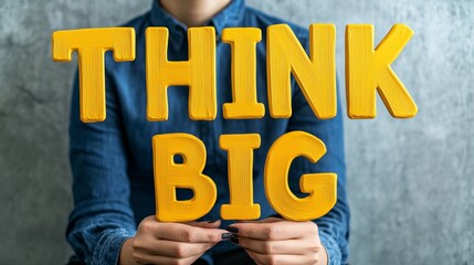 A young adult holding bold yellow letters spelling 'THINK BIG' against a textured gray background, conveying a motivating and optimistic message.