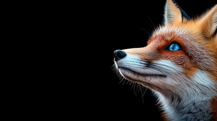  a red fox with blue eyes looking up at the sky against a black background