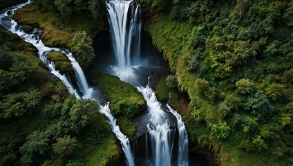 Obraz premium Aerial shot of a waterfall flowing over geometric terraces.
