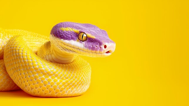  a yellow and purple snake on a bright yellow background, creating a vivid contrast between the two colors The snake is coiled up, its scales glistening in the ligh