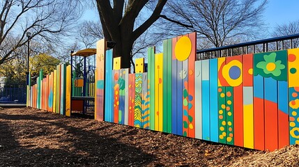 A fence surrounding a playground with colorful panels and cheerful designs