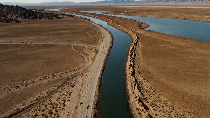 Aerial shot of cars on a desert highway by a reservoir.