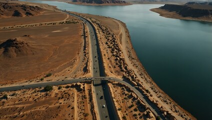 Aerial shot of cars on a desert highway by a reservoir.
