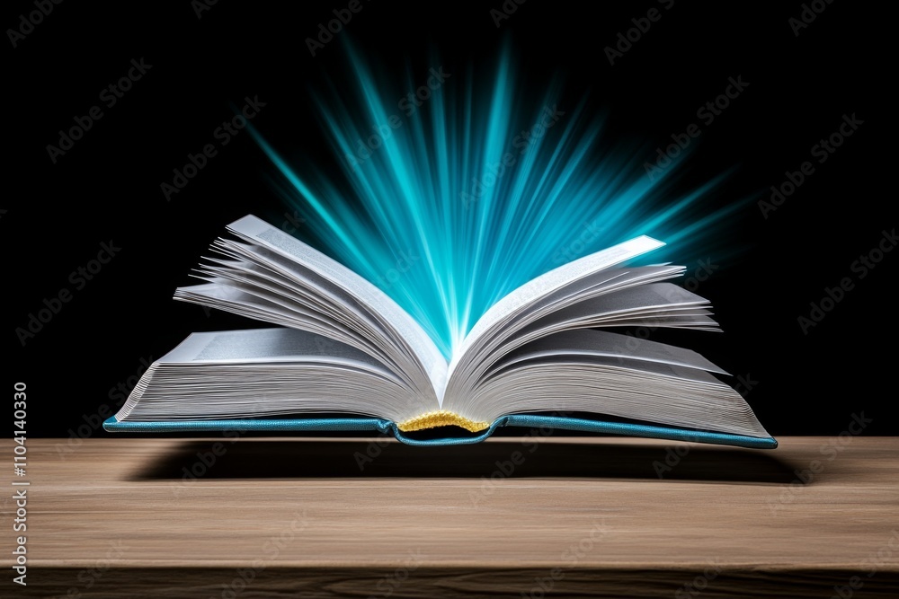 Poster a whimsical illustration of a book floating in the air, its pages flipping open as light streams out