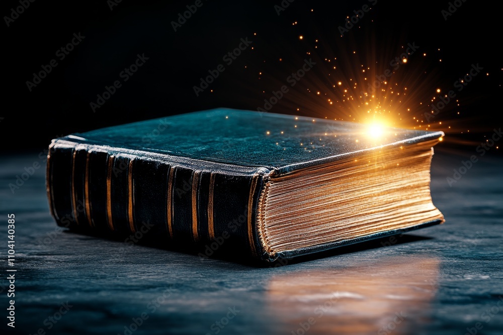 Poster a whimsical illustration of a book floating in the air, its pages flipping open as light streams out