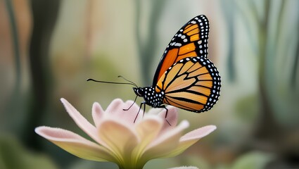 Fototapeta premium Monarch butterfly on a flower with vibrant orange wings in a colorful garden