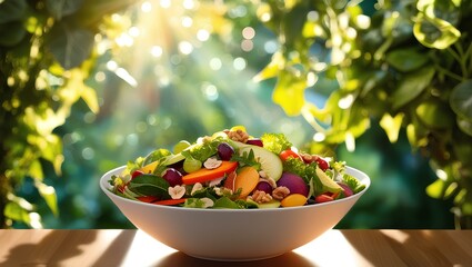 Fresh salad in a bowl with vegetables in the garden