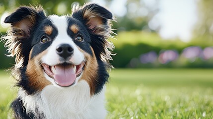  an Australian Shepherd dog sitting in the grass with its tongue out, surrounded by trees and a blurred background