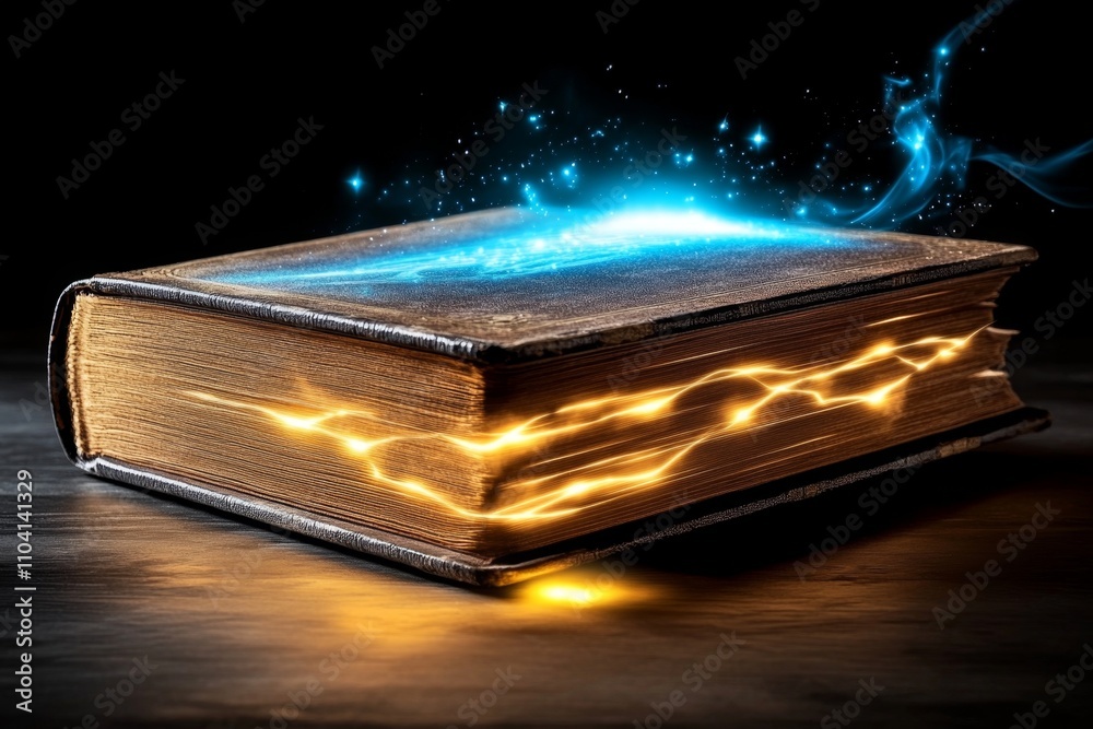 Poster an enchanted old book glowing with magical light, its pages flipping on their own and faint runes ap