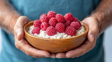  a man holding a wooden bowl filled with oatmeal and raspberries The bowl is filled to the brim...