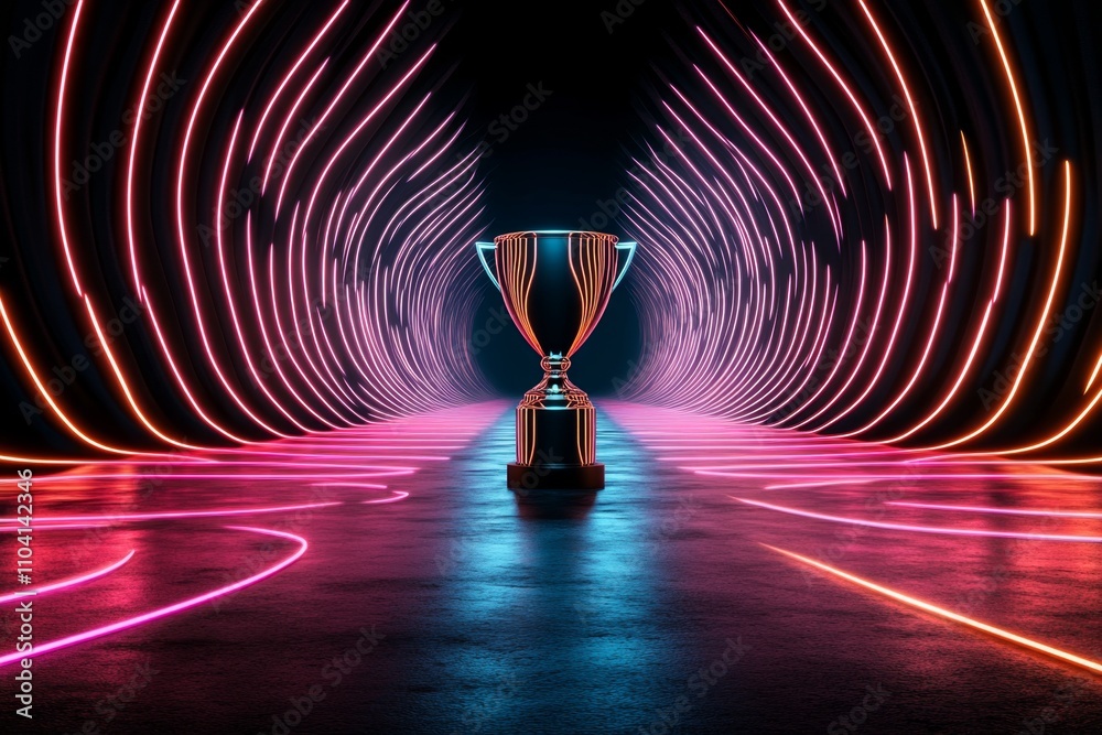 Aufkleber Futuristic goals visualization with a target and trophy surrounded by pulsating lines and digital patterns, symbolizing business accomplishment