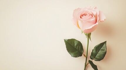 Obraz premium A lone pastel pink rose isolated against a light cream background, close-up shot, Minimalist style