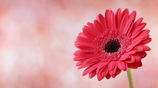  a vibrant red gerbera daisy with a stem, set against a soft, blurred background