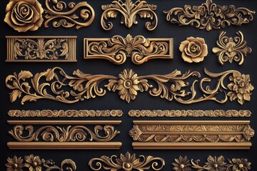 A collection of intricate gold designs against a dark, contrasting black background