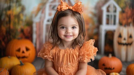 A delightful toddler enjoying Halloween in a charming pumpkin patch with festive decor, dressed in a cute orange outfit, highlighting the seasonal celebration spirit.