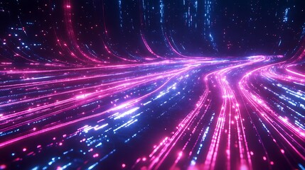 Fototapeta premium Abstract digital landscape with glowing lines and particles creating a dynamic flow.