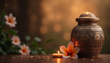 A beautifully detailed cremation urn highlighted by warm candlelight and surrounded by a floral arrangement, providing a comforting and serene backdrop for remembrance.