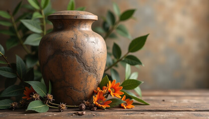 A natural stone cremation urn surrounded by vibrant flora, creating a peaceful ambiance that honors loving memories in an intimate and artistic arrangement.