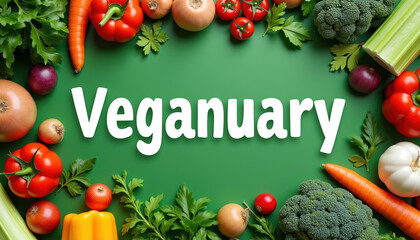 A whimsical Veganuary banner highlighting an assortment of vibrant vegetables by the text 'Veganuary'.