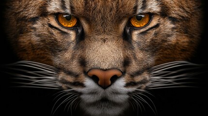 Obraz premium a close up of a lynx's face with yellow eyes against a black background