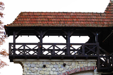 aged medieval balcony view point building stone material with wooden pillars and tile roof top...