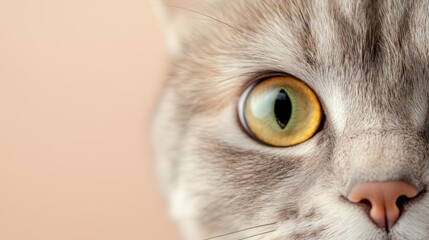 a close up of a cat's face with yellow eyes against a cream-colored background