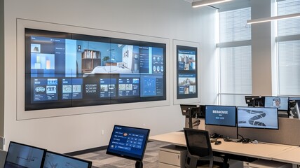 A photo of a modern office space with innovative display solutions. There is a large touch screen display wall with multiple screens Ai Generated